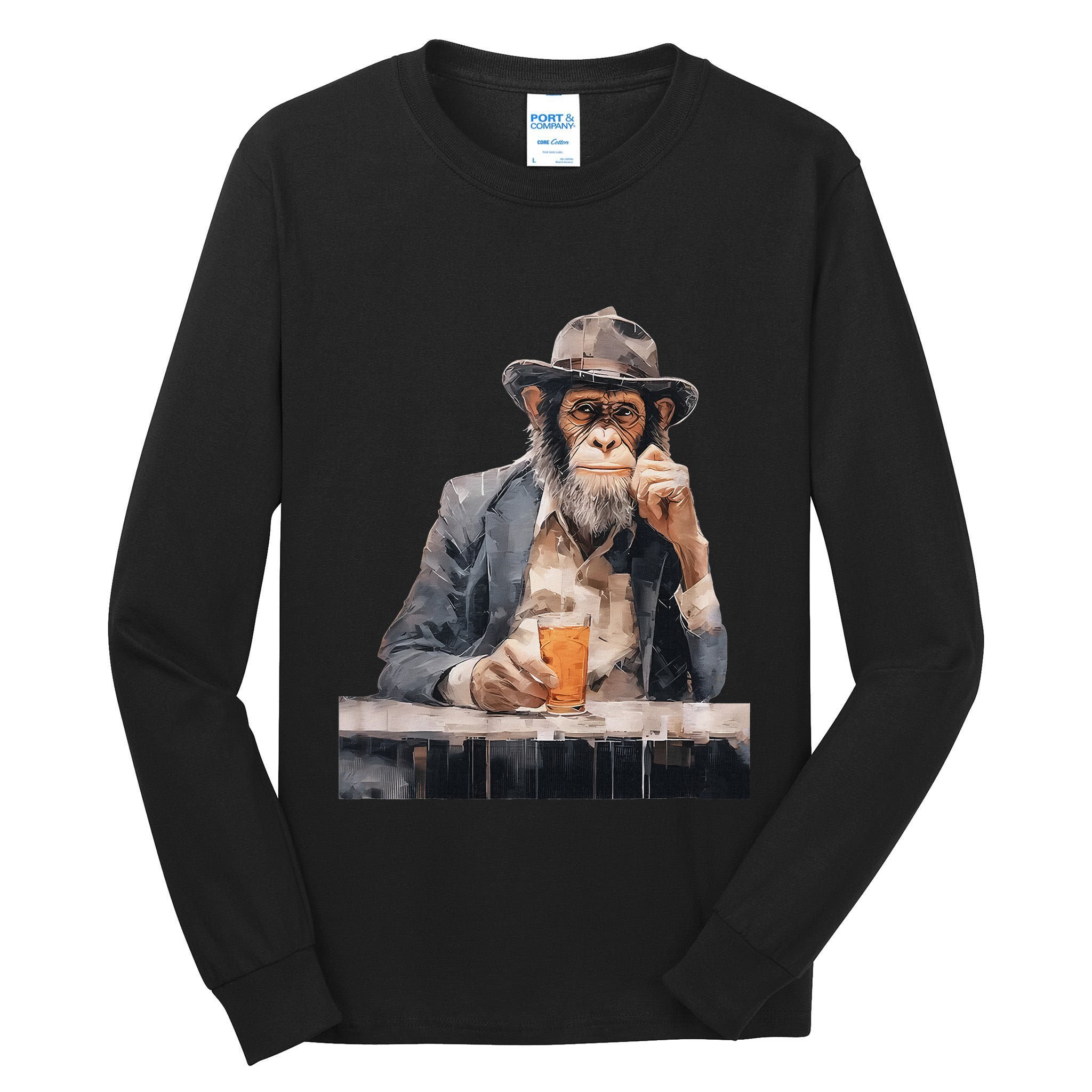 Vintage Monkey Gentleman Drink Whiskey Oil Painting Tall Long Sleeve T-Shirt