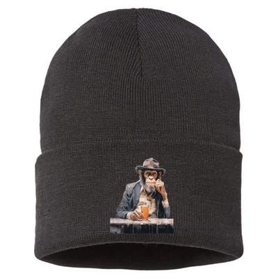 Vintage Monkey Gentleman Drink Whiskey Oil Painting Sustainable Knit Beanie