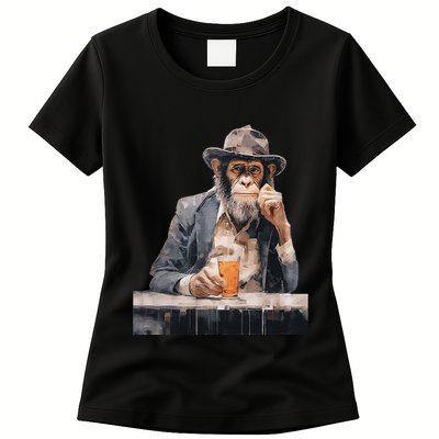 Vintage Monkey Gentleman Drink Whiskey Oil Painting Womens T-Shirt