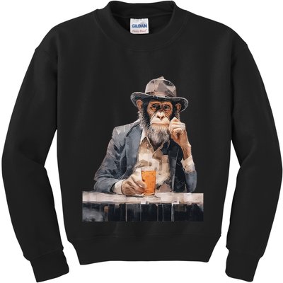 Vintage Monkey Gentleman Drink Whiskey Oil Painting Kids Sweatshirt