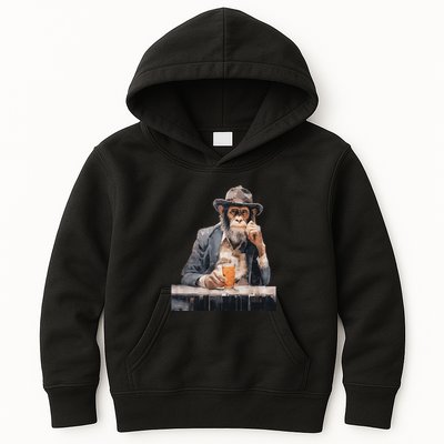 Vintage Monkey Gentleman Drink Whiskey Oil Painting Kids Hoodie