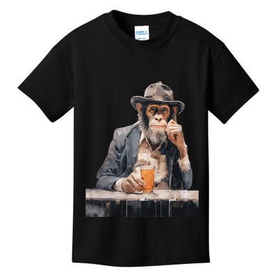 Vintage Monkey Gentleman Drink Whiskey Oil Painting Kids T-Shirt