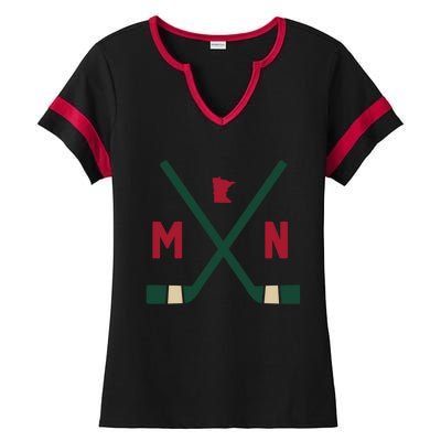 Vintage Minnesota Hockey Sticks State Outline Ladies Halftime Notch Neck Tee