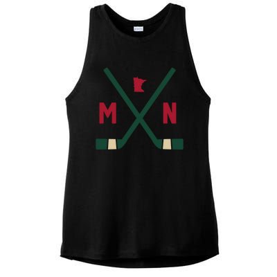 Vintage Minnesota Hockey Sticks State Outline Ladies PosiCharge Tri-Blend Wicking Tank