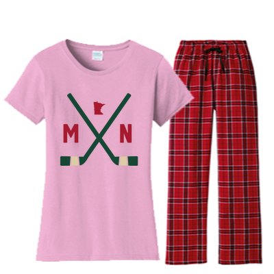 Vintage Minnesota Hockey Sticks State Outline Women's Flannel Pajama Set