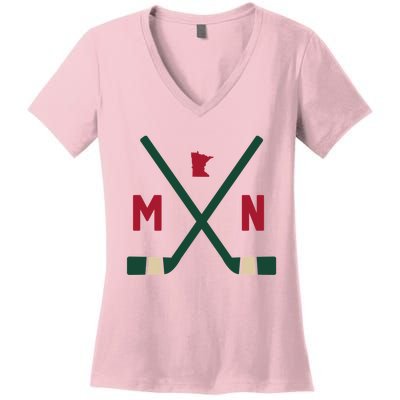 Vintage Minnesota Hockey Sticks State Outline Women's V-Neck T-Shirt