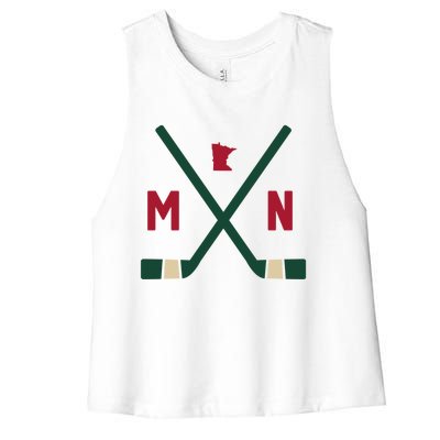 Vintage Minnesota Hockey Sticks State Outline Women's Racerback Cropped Tank