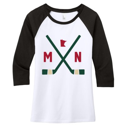 Vintage Minnesota Hockey Sticks State Outline Women's Tri-Blend 3/4-Sleeve Raglan Shirt