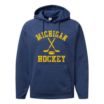 Vintage Michigan Hockey Gift Performance Fleece Hoodie