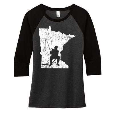 Vintage Minnesota Ice Fishing Fishermen Winter Lake Women's Tri-Blend 3/4-Sleeve Raglan Shirt