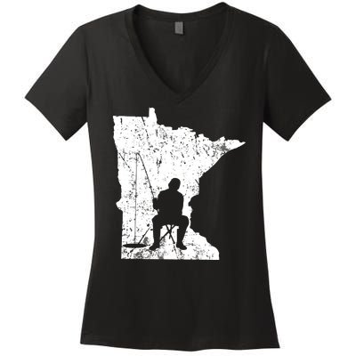 Vintage Minnesota Ice Fishing Fishermen Winter Lake Women's V-Neck T-Shirt