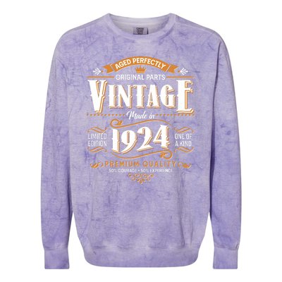 Vintage Made In 1924 100th Birthday Aged Perfectly Original Parts Colorblast Crewneck Sweatshirt