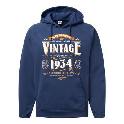 Vintage Made In 1934 90th Birthday Aged Perfectly Original Parts Performance Fleece Hoodie