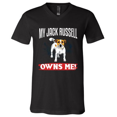 Vintage My Jack Russell Owns Me Dog Lover Terrier Parent V-Neck T-Shirt