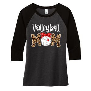 Volleyball Mom Leopard Messy Bun Game Day Funny Mothers Day Women's Tri-Blend 3/4-Sleeve Raglan Shirt