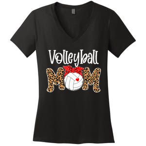 Volleyball Mom Leopard Messy Bun Game Day Funny Mothers Day Women's V-Neck T-Shirt