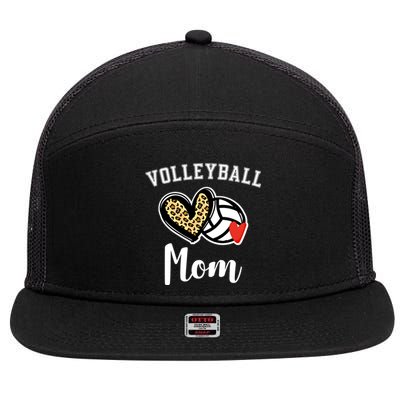 Volleyball Mom Leopard Heart Gift 7 Panel Mesh Trucker Snapback Hat