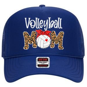 Volleyball Mom Leopard Messy Bun Game Day Funny Mothers Day High Crown Mesh Back Trucker Hat