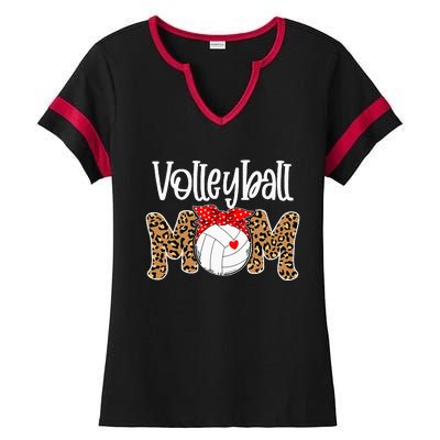 Volleyball Mom Leopard Messy Bun Game Day Ladies Halftime Notch Neck Tee