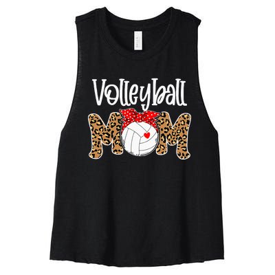 Volleyball Mom Leopard Messy Bun Game Day Women's Racerback Cropped Tank