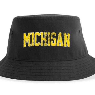 Vintage Michigan Look Blue Maize  Retro Font Michigan Sustainable Bucket Hat