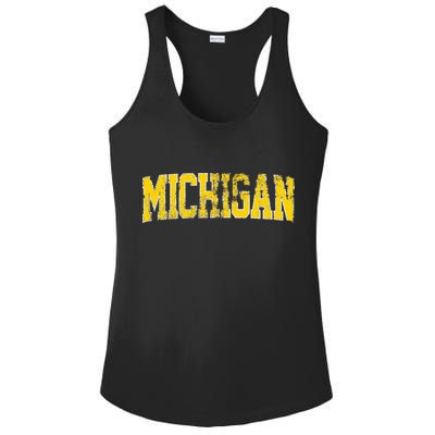 Vintage Michigan Look Blue Maize  Retro Font Michigan Ladies PosiCharge Competitor Racerback Tank