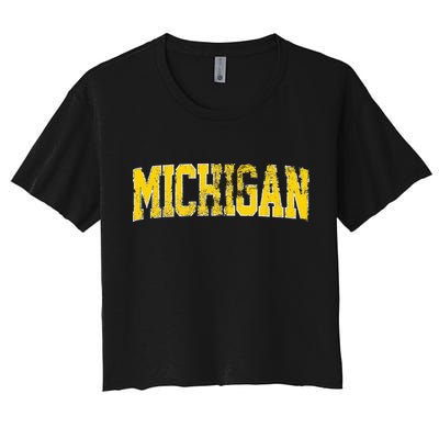 Vintage Michigan Look Blue Maize  Retro Font Michigan Crop Top