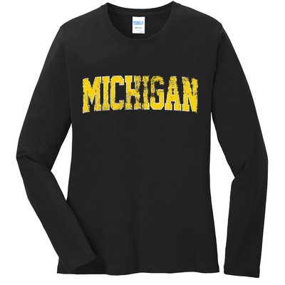 Vintage Michigan Look Blue Maize  Retro Font Michigan Ladies Long Sleeve Shirt