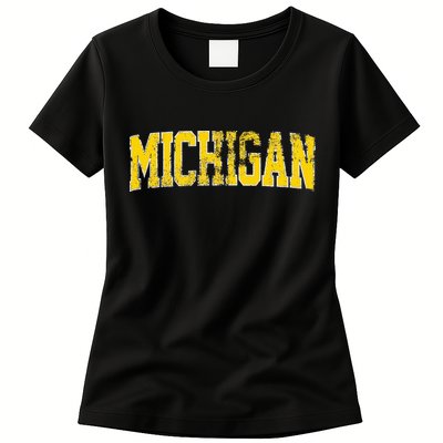 Vintage Michigan Look Blue Maize  Retro Font Michigan Womens T-Shirt