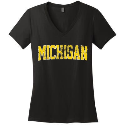 Vintage Michigan Look Blue Maize  Retro Font Michigan Women's V-Neck T-Shirt