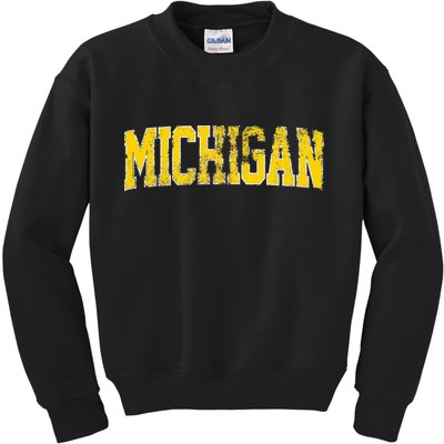 Vintage Michigan Look Blue Maize  Retro Font Michigan Kids Sweatshirt