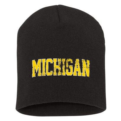 Vintage Michigan Look Blue Maize  Retro Font Michigan Short Acrylic Beanie