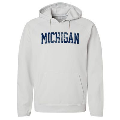 Vintage Michigan Look Maize Blue Retro Font Michigan Performance Fleece Hoodie