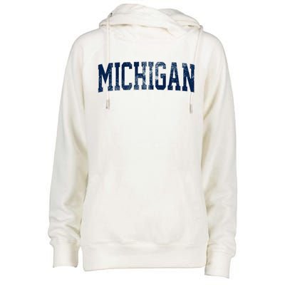 Vintage Michigan Look Maize Blue Retro Font Michigan Womens Funnel Neck Pullover Hood