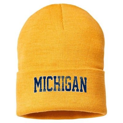 Vintage Michigan Look Maize Blue Retro Font Michigan Sustainable Knit Beanie