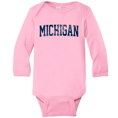 Vintage Michigan Look Maize Blue Retro Font Michigan Baby Long Sleeve Bodysuit