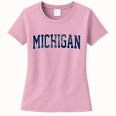 Vintage Michigan Look Maize Blue Retro Font Michigan Womens T-Shirt