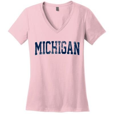 Vintage Michigan Look Maize Blue Retro Font Michigan Women's V-Neck T-Shirt