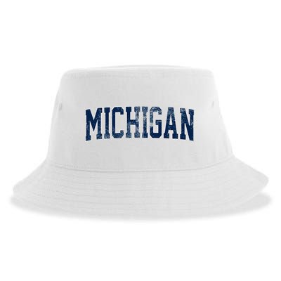 Vintage Michigan Look Maize Blue Retro Font Michigan Sustainable Bucket Hat