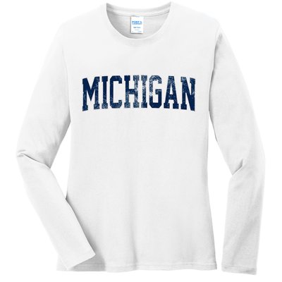 Vintage Michigan Look Maize Blue Retro Font Michigan Ladies Long Sleeve Shirt