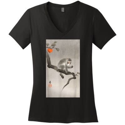 Vintage Macaque Monkey Japanese Nature Japan Art Women's V-Neck T-Shirt