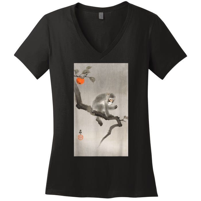 Vintage Macaque Monkey Japanese Nature Japan Art Women's V-Neck T-Shirt