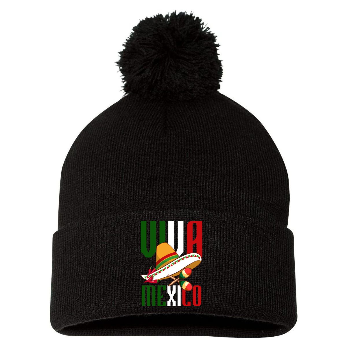 Viva Mexico Mexican Pride Pom Pom 12in Knit Beanie
