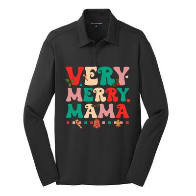 Very Merry Mama Christmas Happy Holiday Noel Tree Family  Silk Touch Performance Long Sleeve Polo