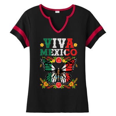 Viva Mexico Mexican Independence Day Butterfly Ladies Halftime Notch Neck Tee