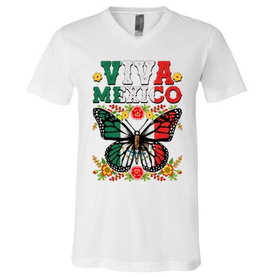 Viva Mexico Mexican Independence Day Butterfly V-Neck T-Shirt