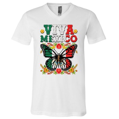 Viva Mexico Mexican Independence Day Butterfly V-Neck T-Shirt