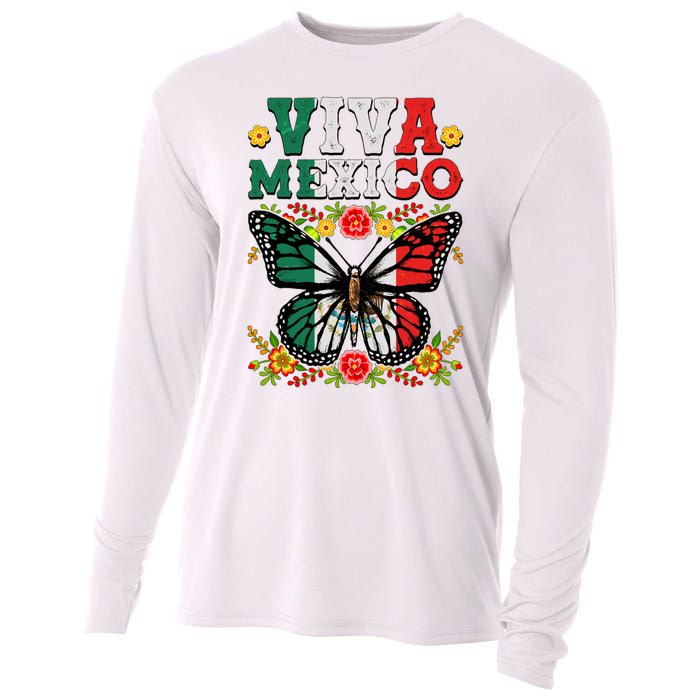 Viva Mexico Mexican Independence Day Butterfly Cooling Performance Long Sleeve Crew