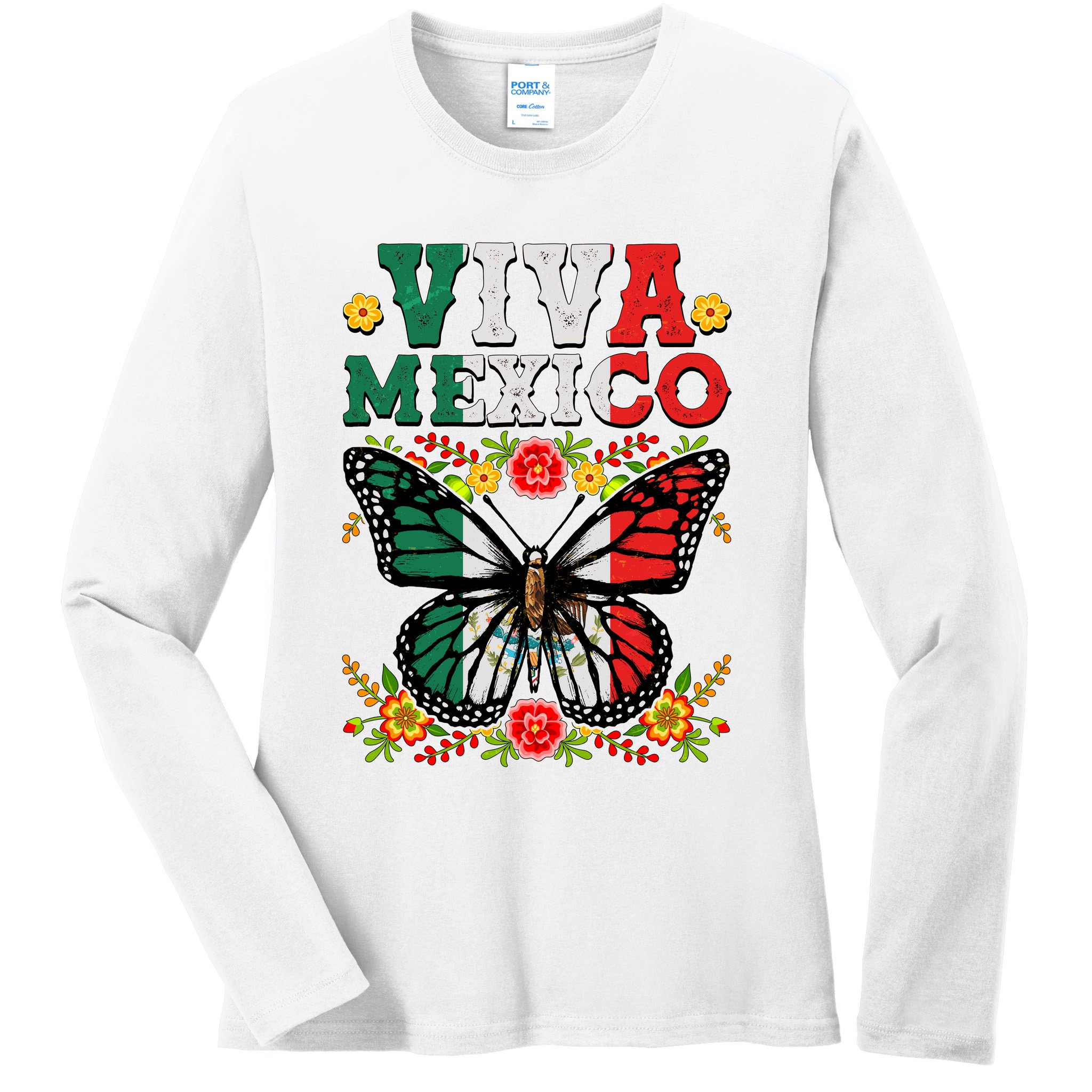 Viva Mexico Mexican Independence Day Butterfly Ladies Long Sleeve Shirt