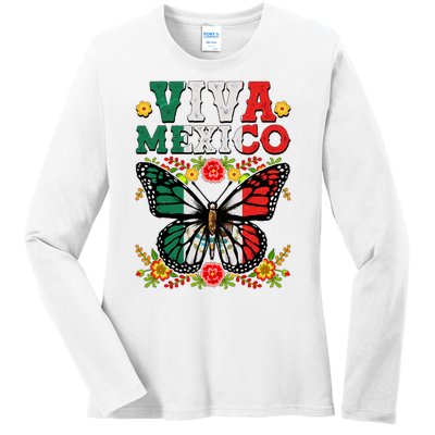 Viva Mexico Mexican Independence Day Butterfly Ladies Long Sleeve Shirt